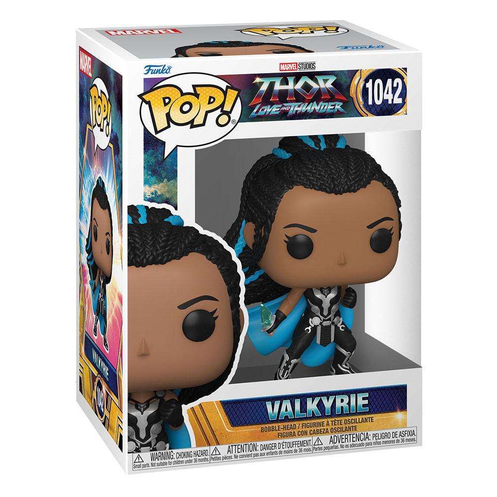 Funko Pop Valkyrie #1042 from Thor: Love and Thunder in its original window display box, front and side view.