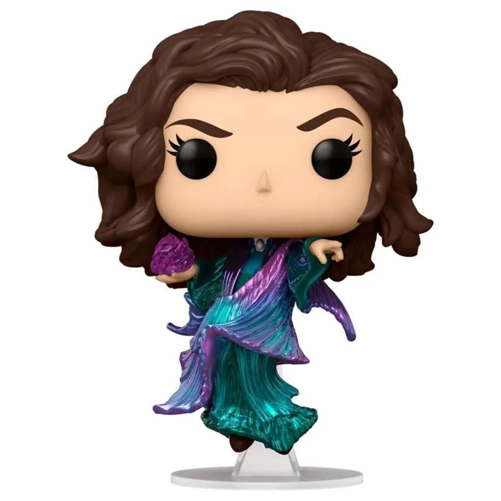 Agatha Harkness Funko Pop! vinyl figure in a teal and purple metallic dress, holding a purple orb on a clear stand.