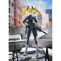 Good Smile Company Kikoru Shinomiya Pop Up Parade figure in a dark combat suit holding a rifle, front view.