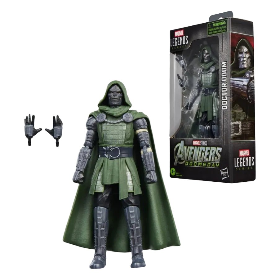 Hasbro Marvel Legends Doctor Doom action figure in green hooded tunic and armor with extra hands and display packaging.