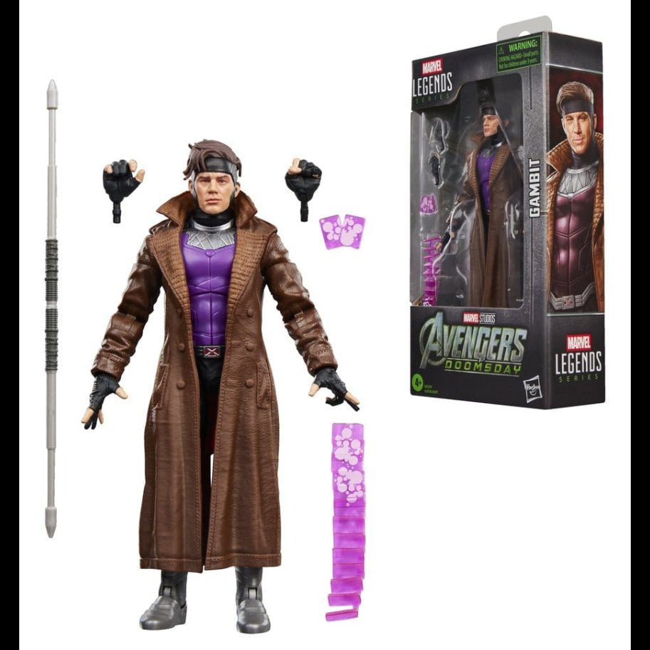Hasbro Marvel Legends Gambit action figure with brown trench coat, purple armor, staff, and accessories beside its box.