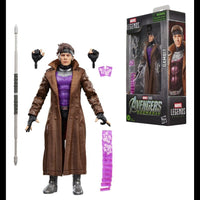 Hasbro Marvel Legends Gambit action figure with brown trench coat, purple armor, staff, and accessories beside its box.