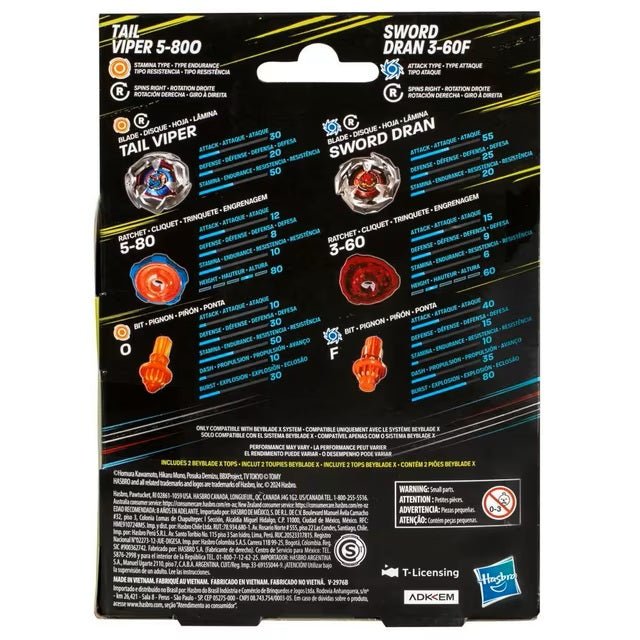 Hasbro Beyblade X Dual Pack – Tail Viper 5 - 80O & Sword Dran 3 - 60F | Beyblade X Europe by LAB7 Malta, Europe