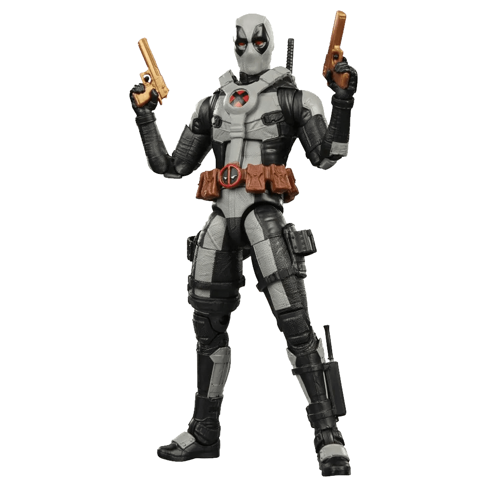 Hasbro Marvel Legends Deadpool concept art action figure in a grey and black suit holding two gold pistols.