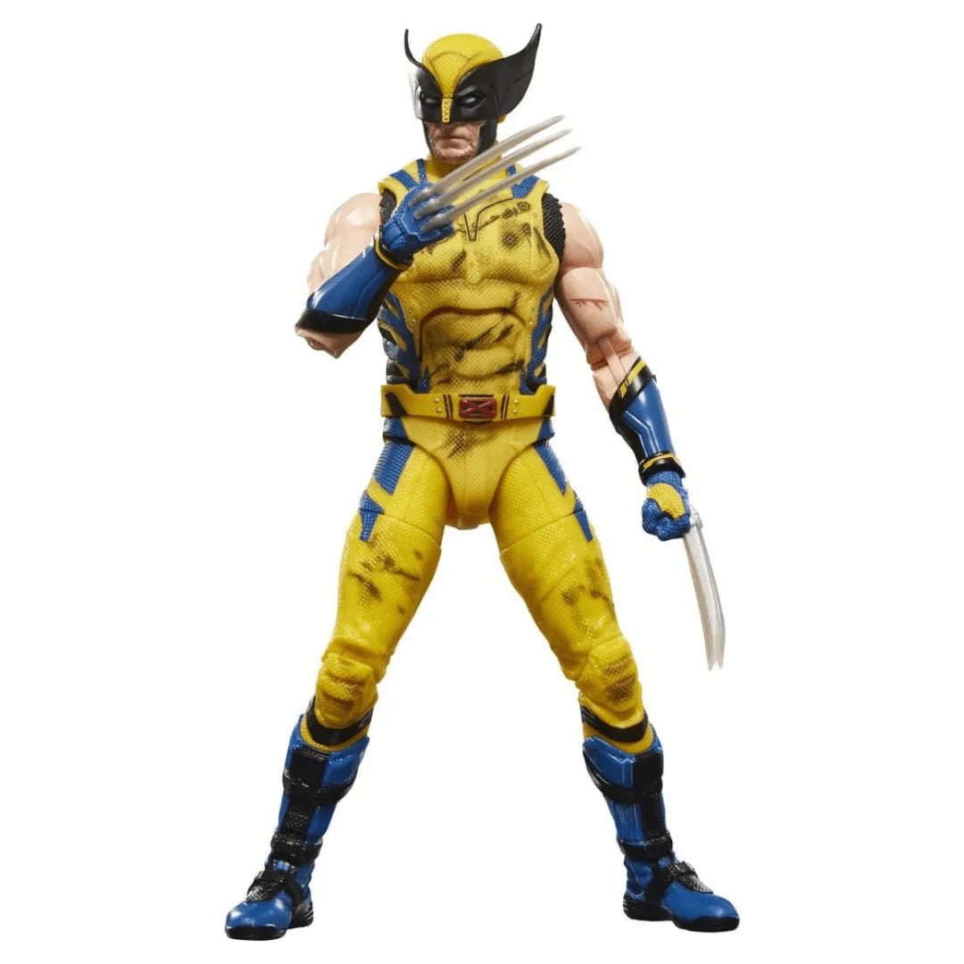 Hasbro Marvel Legends Wolverine action figure in a yellow and blue suit with extended metal claws, front view.