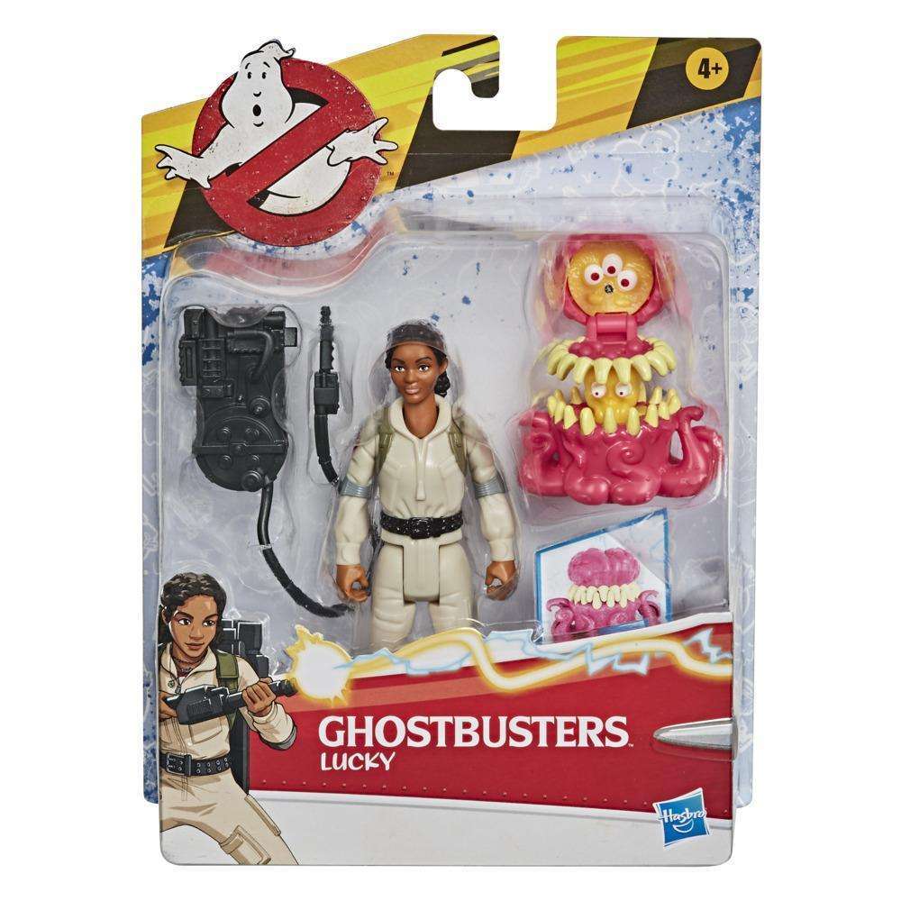 Hasbro Ghostbusters Fright Features Lucky figure in blister packaging with proton pack, ghost accessory, and gear.