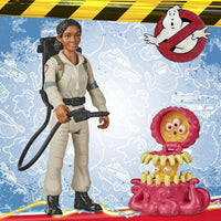 Hasbro Ghostbusters Fright Features Lucky figure in a tan jumpsuit with a proton pack and a small, pink monster toy.
