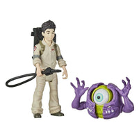 Hasbro Ghostbusters Fright Features Podcast figure in a tan flight suit with a proton pack and purple cyclops ghost.