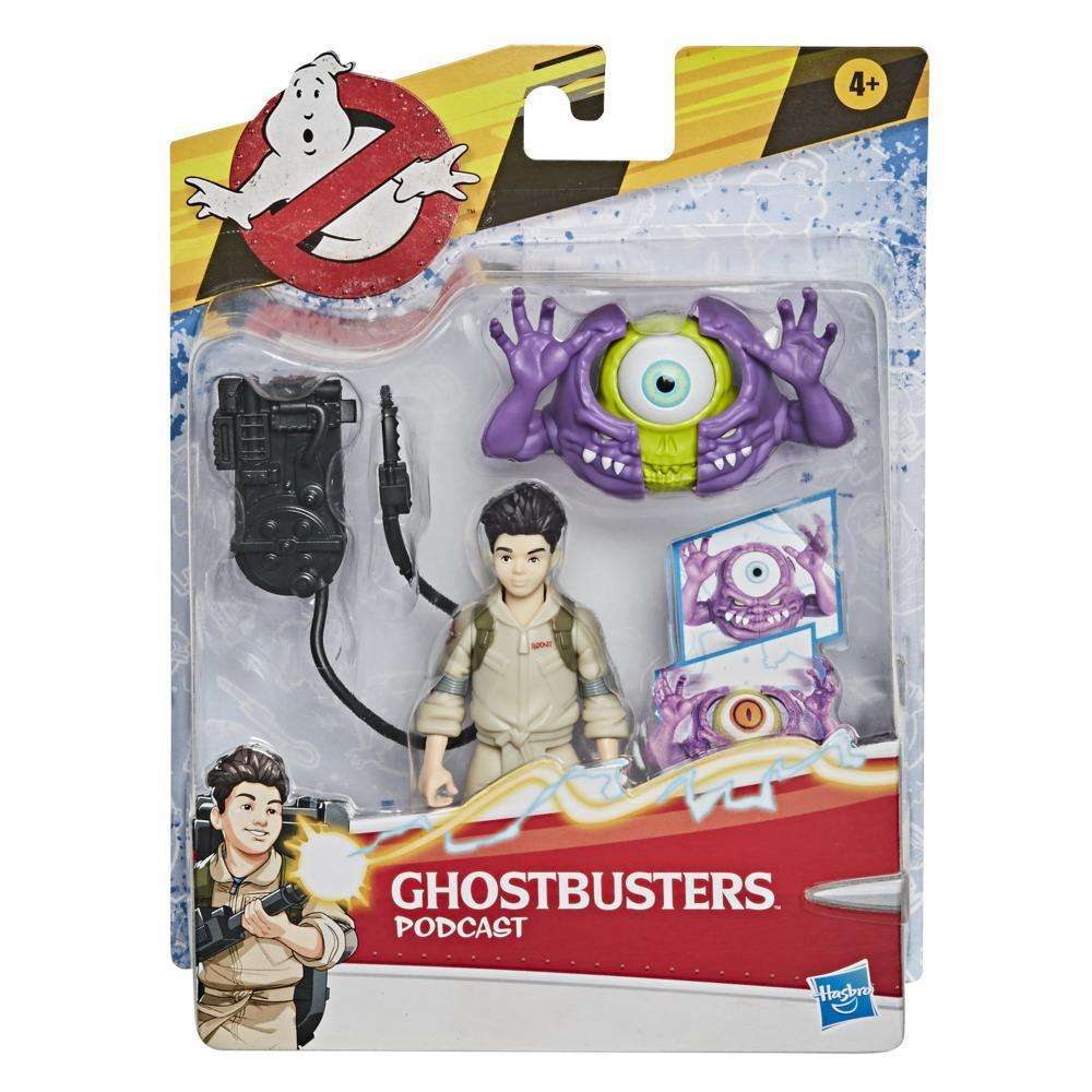 Hasbro Ghostbusters Fright Features Podcast figure in blister packaging with proton pack and purple ghost accessories.