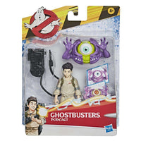 Hasbro Ghostbusters Fright Features Podcast figure in blister packaging with proton pack and purple ghost accessories.