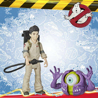 Hasbro Ghostbusters Fright Features Podcast figure in a tan jumpsuit with a proton pack facing a purple monster.