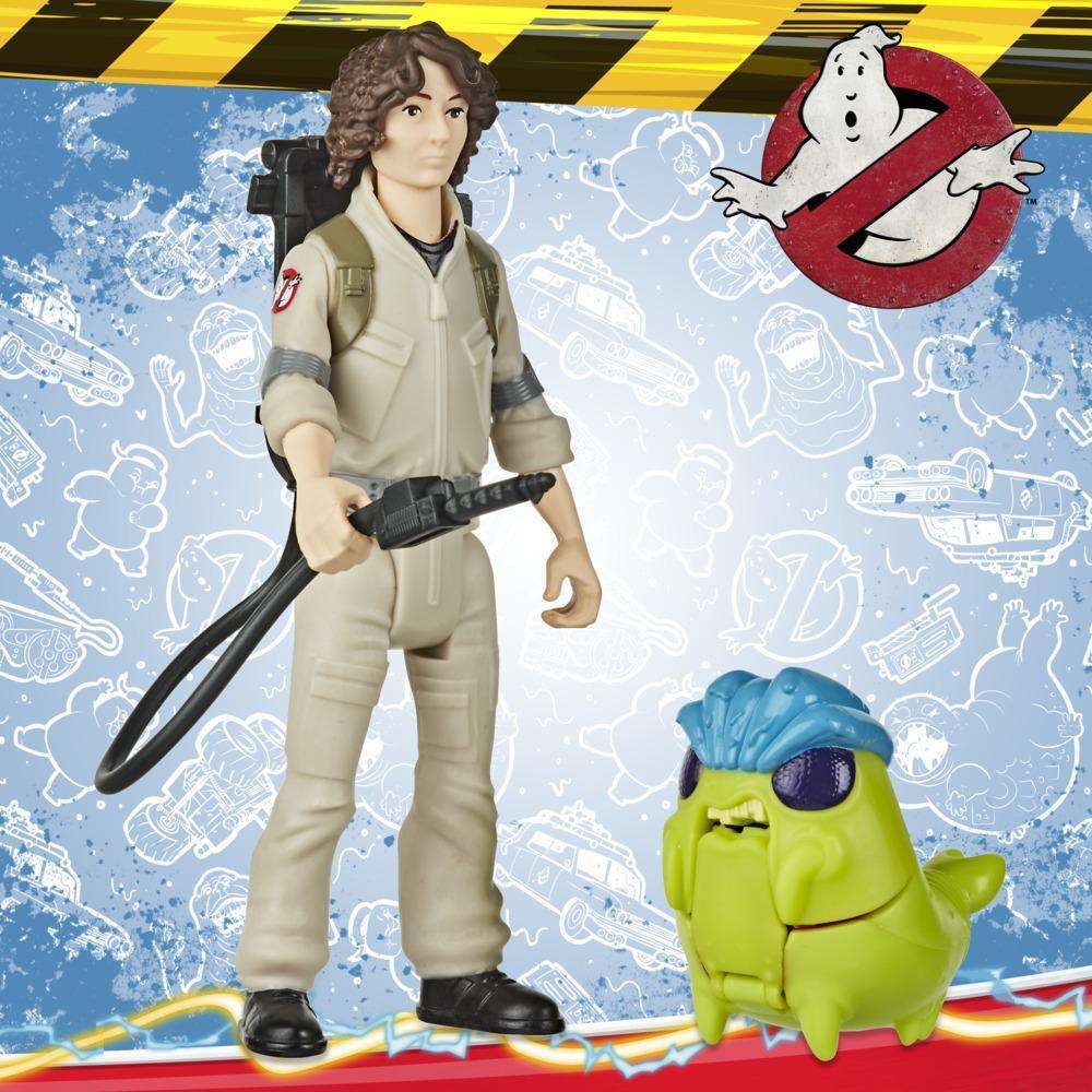 Hasbro Ghostbusters Fright Features Trevor figure in a tan jumpsuit with a proton pack and a small green ghost creature.