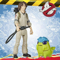 Hasbro Ghostbusters Fright Features Trevor figure in a tan jumpsuit with a proton pack and a small green ghost creature.