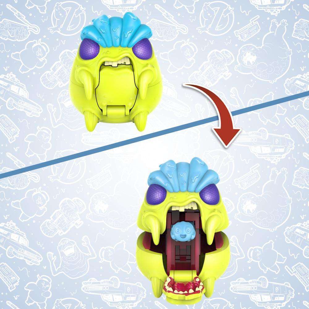 Hasbro Ghostbusters Fright Features Trevor figure showing the mouth-opening action on a blue patterned background.