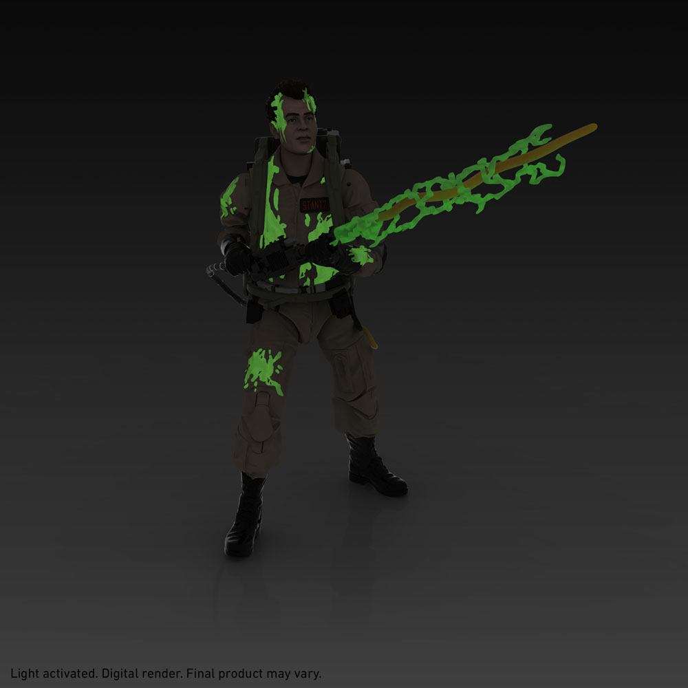 Hasbro Ghostbusters Ray Stantz Plasma Series figure in a tan jumpsuit with glow-in-the-dark slime and proton beam effects.