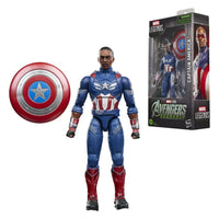 Hasbro Marvel Legends Captain America action figure in blue and red suit with shield and branded packaging.