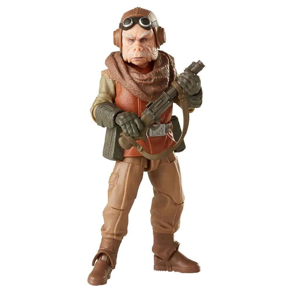 Hasbro Star Wars Black Series Kuiil action figure wearing a brown aviator cap and scarf, holding a blaster rifle.