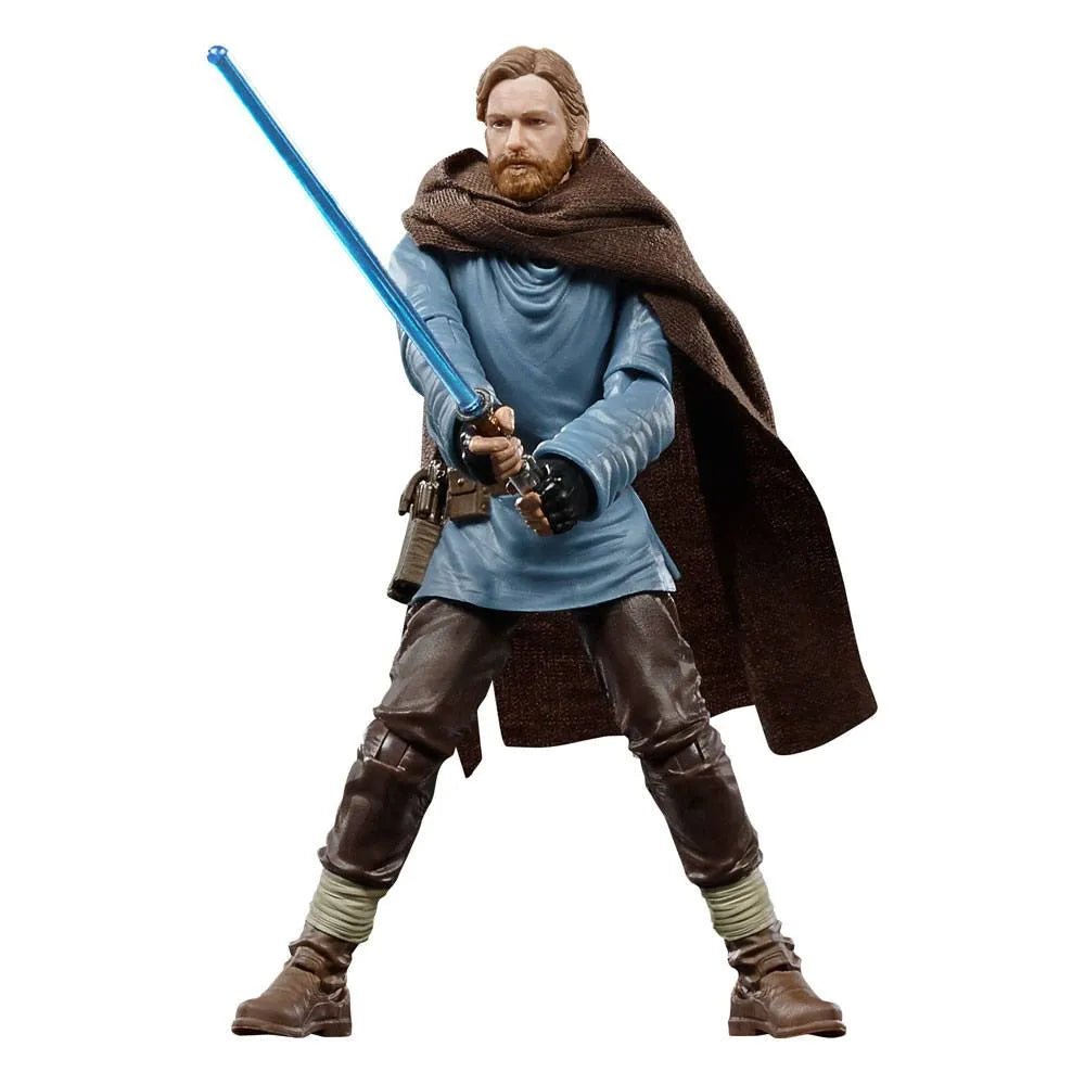 Hasbro Star Wars Black Series Obi-Wan Kenobi 6-inch figure holding a blue lightsaber, wearing a blue tunic and brown cloak.