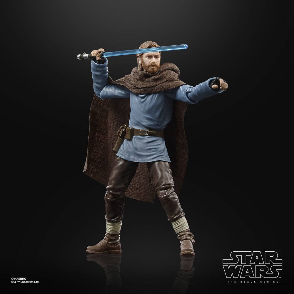 Hasbro Star Wars Black Series Obi-Wan Kenobi 6-inch figure in a blue tunic, brown cloak, and holding a blue lightsaber.