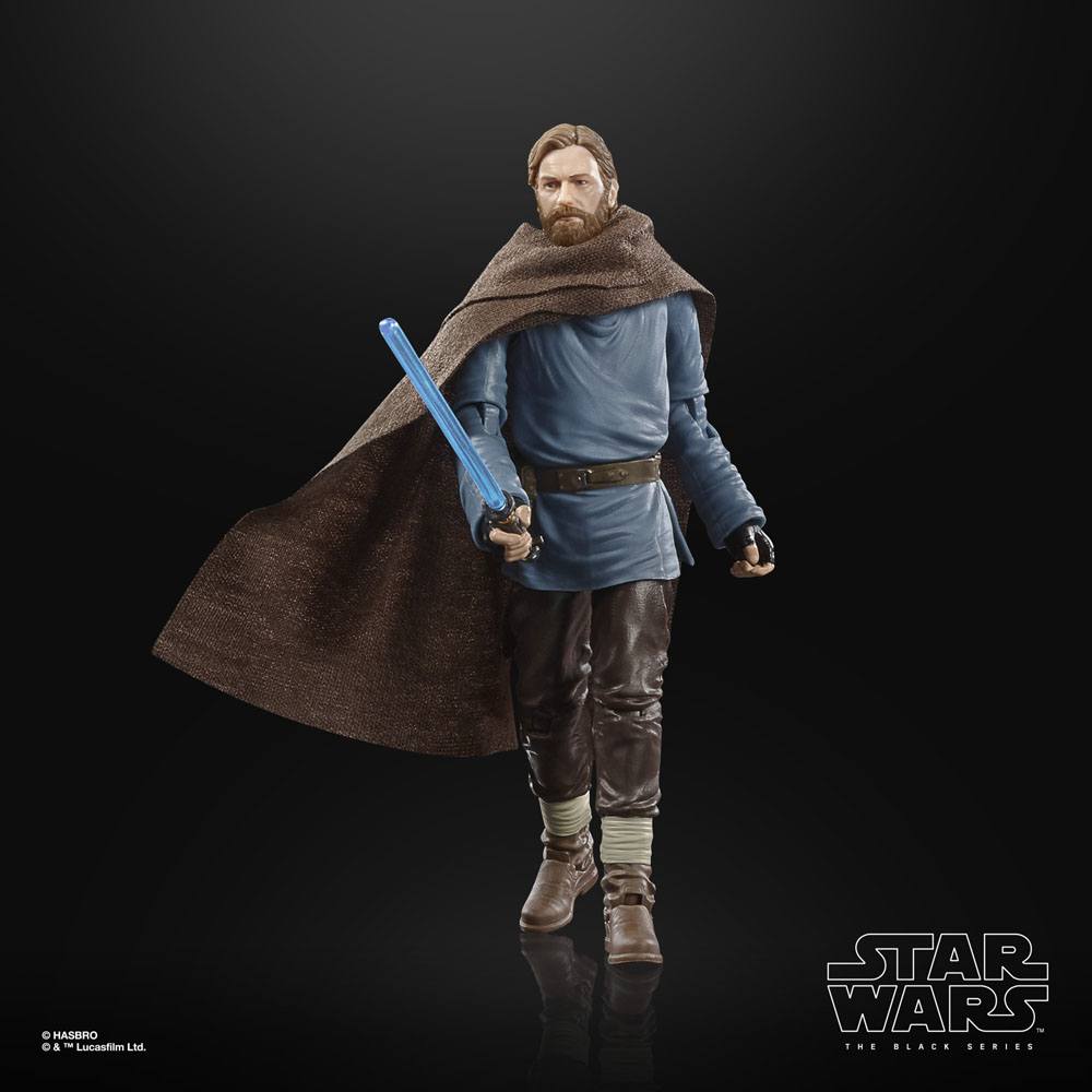 Hasbro Star Wars Black Series Obi-Wan Kenobi 6-inch figure wearing a brown cloak and holding a blue lightsaber.
