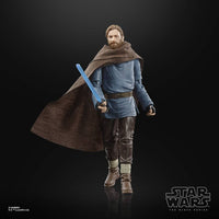 Hasbro Star Wars Black Series Obi-Wan Kenobi 6-inch figure wearing a brown cloak and holding a blue lightsaber.