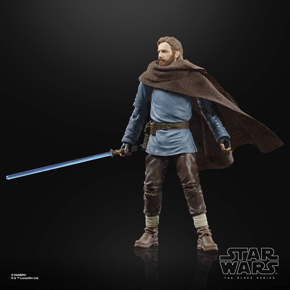 Hasbro Star Wars Black Series Obi-Wan Kenobi 6-inch figure wearing a brown cloak and holding a blue lightsaber.