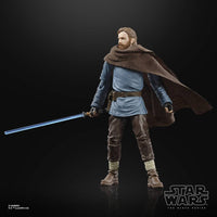 Hasbro Star Wars Black Series Obi-Wan Kenobi 6-inch figure wearing a brown cloak and holding a blue lightsaber.