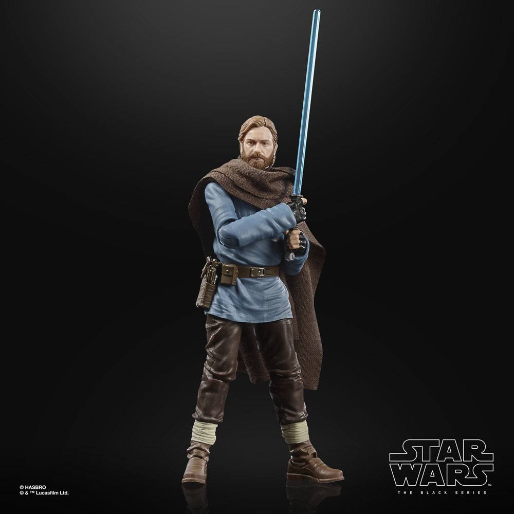 Hasbro Star Wars Black Series Obi-Wan Kenobi 6-inch figure holding a blue lightsaber, wearing a brown cloak and tunic.