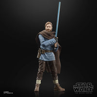 Hasbro Star Wars Black Series Obi-Wan Kenobi 6-inch figure holding a blue lightsaber, wearing a brown cloak and tunic.