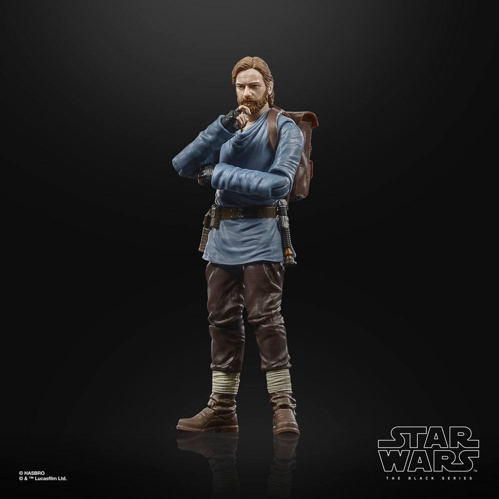 Hasbro Star Wars Black Series Obi-Wan Kenobi 6-inch figure wearing a blue tunic, brown pants, and carrying a backpack.