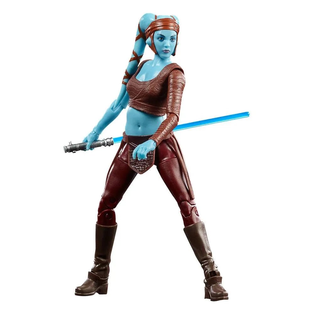 Hasbro Star Wars Black Series Aayla Secura action figure with blue skin, brown outfit, and a blue lightsaber.