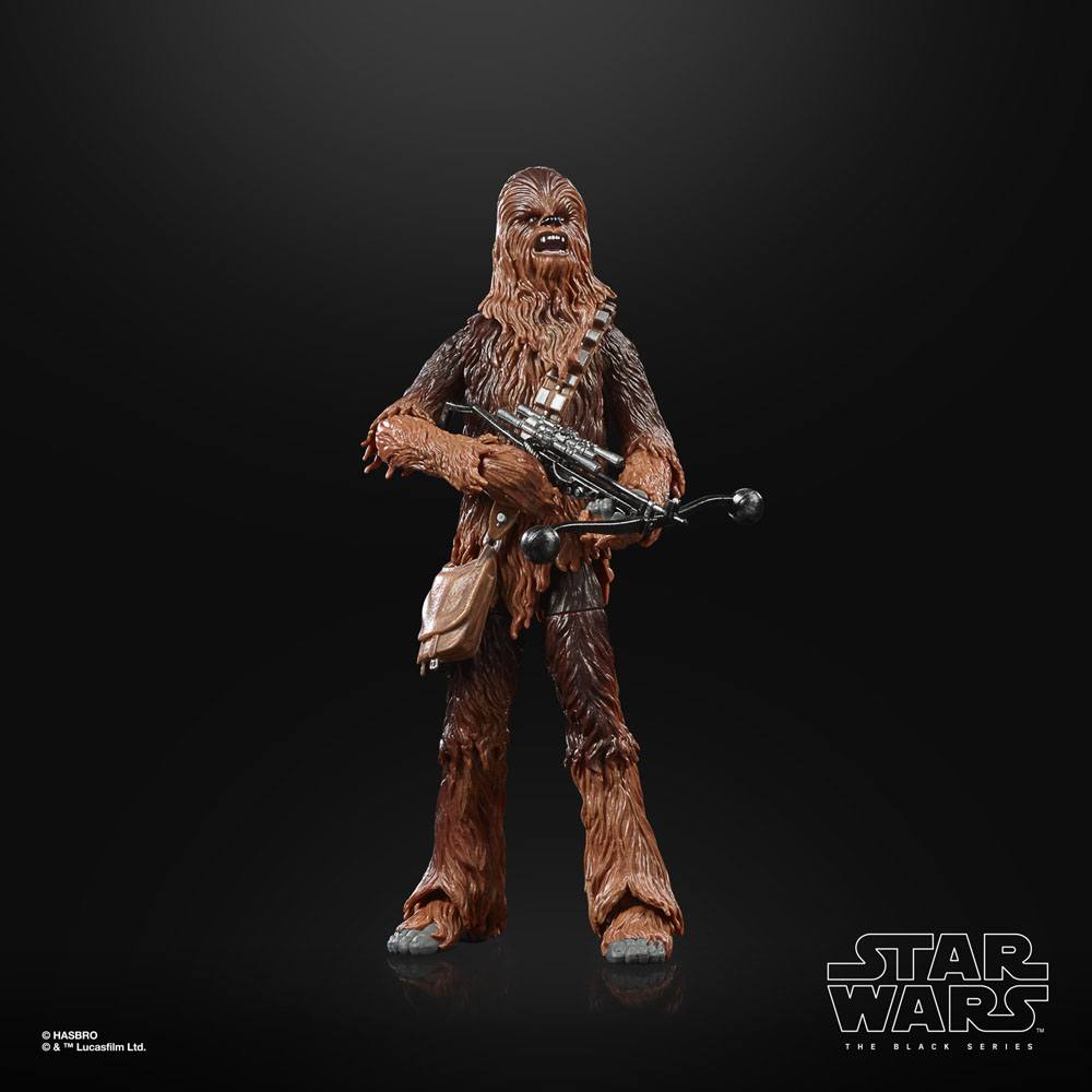 Hasbro Star Wars Black Series Chewbacca action figure holding a bowcaster, featuring detailed brown fur and satchel.