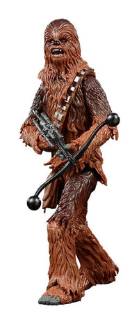 Hasbro Star Wars Black Series Chewbacca action figure in a front view, holding his signature bowcaster weapon.