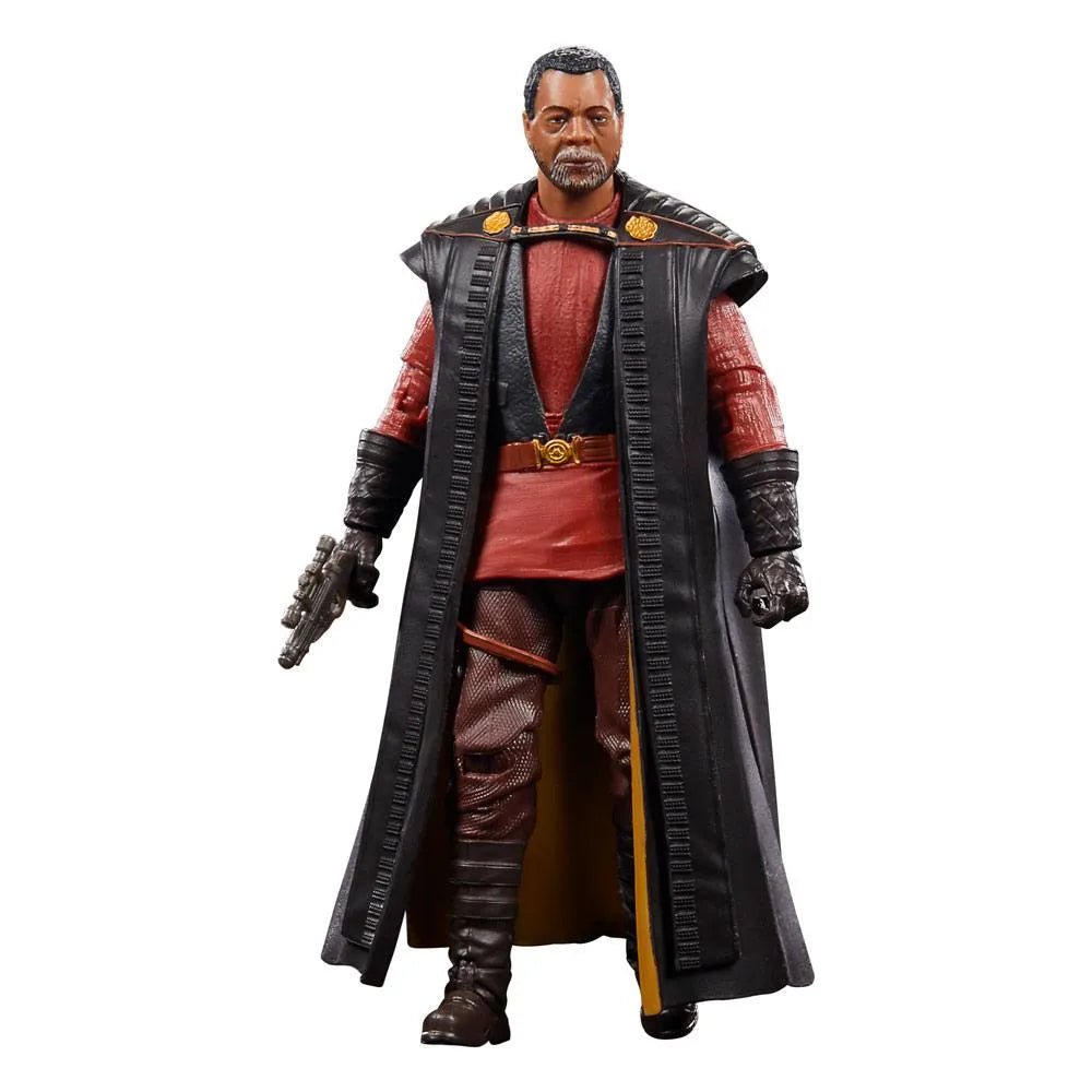 Hasbro Star Wars Black Series Greef Karga action figure wearing a red tunic and long black coat, holding a blaster.