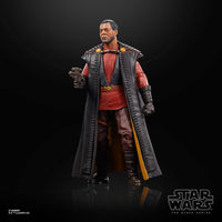 Hasbro Star Wars Black Series Greef Karga action figure in a long black coat, red tunic, and textured brown trousers.
