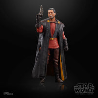 Hasbro Star Wars Black Series Greef Karga action figure wearing a long black coat and red tunic, holding a blaster.