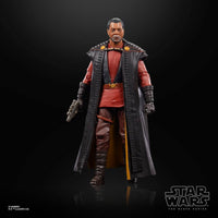 Hasbro Star Wars Black Series Greef Karga action figure in a red tunic and long black coat, front view.