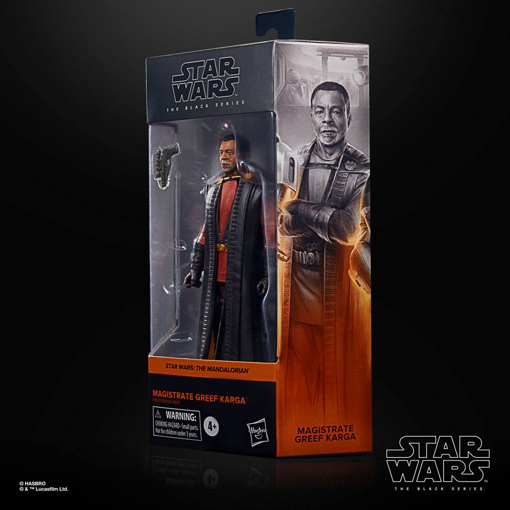 Hasbro Star Wars The Black Series Magistrate Greef Karga action figure in window-box packaging with character art.