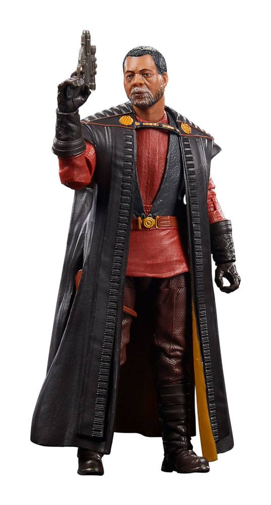 Hasbro Star Wars Black Series Greef Karga action figure in a red tunic and long black coat, holding a blaster pistol.