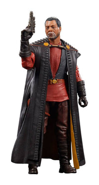 Hasbro Star Wars Black Series Greef Karga action figure in a red tunic and long black coat, holding a blaster pistol.