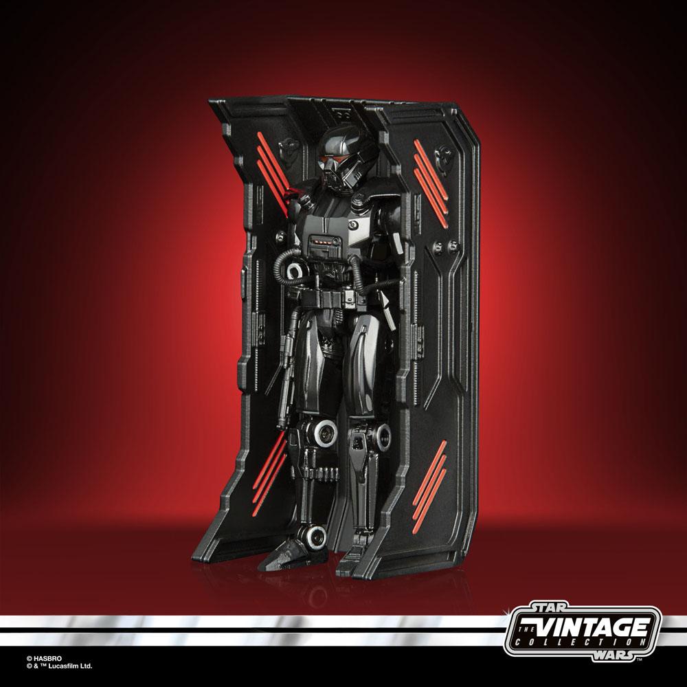 Hasbro Star Wars The Vintage Collection Dark Trooper action figure standing inside its black charging station display.