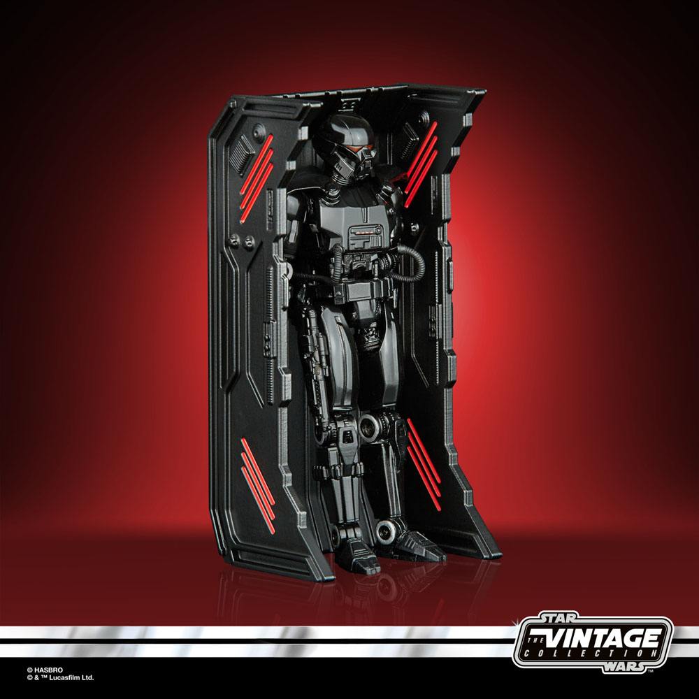 Hasbro Star Wars The Vintage Collection Dark Trooper action figure standing inside its black charging station.