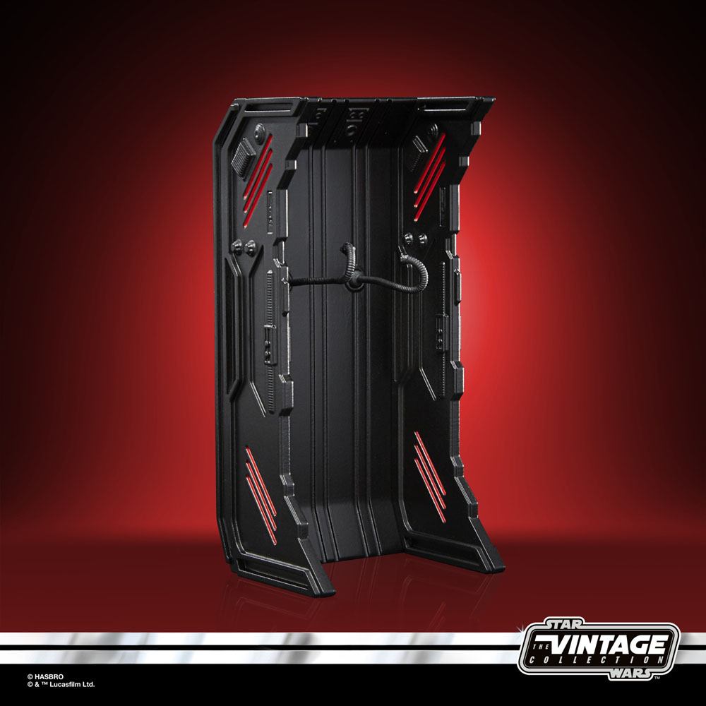 Black Star Wars The Vintage Collection Dark Trooper charging station with red accents and a central support cable.