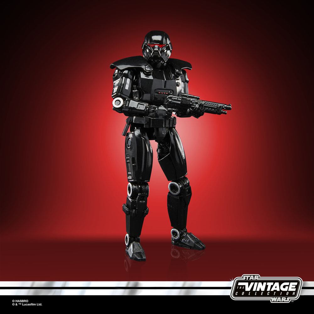 Hasbro Star Wars The Vintage Collection Dark Trooper action figure in glossy black armor with red visor and blaster.