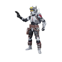 Hasbro Star Wars The Black Series Tech action figure in grey and white armor with a blaster, shown from a front view.