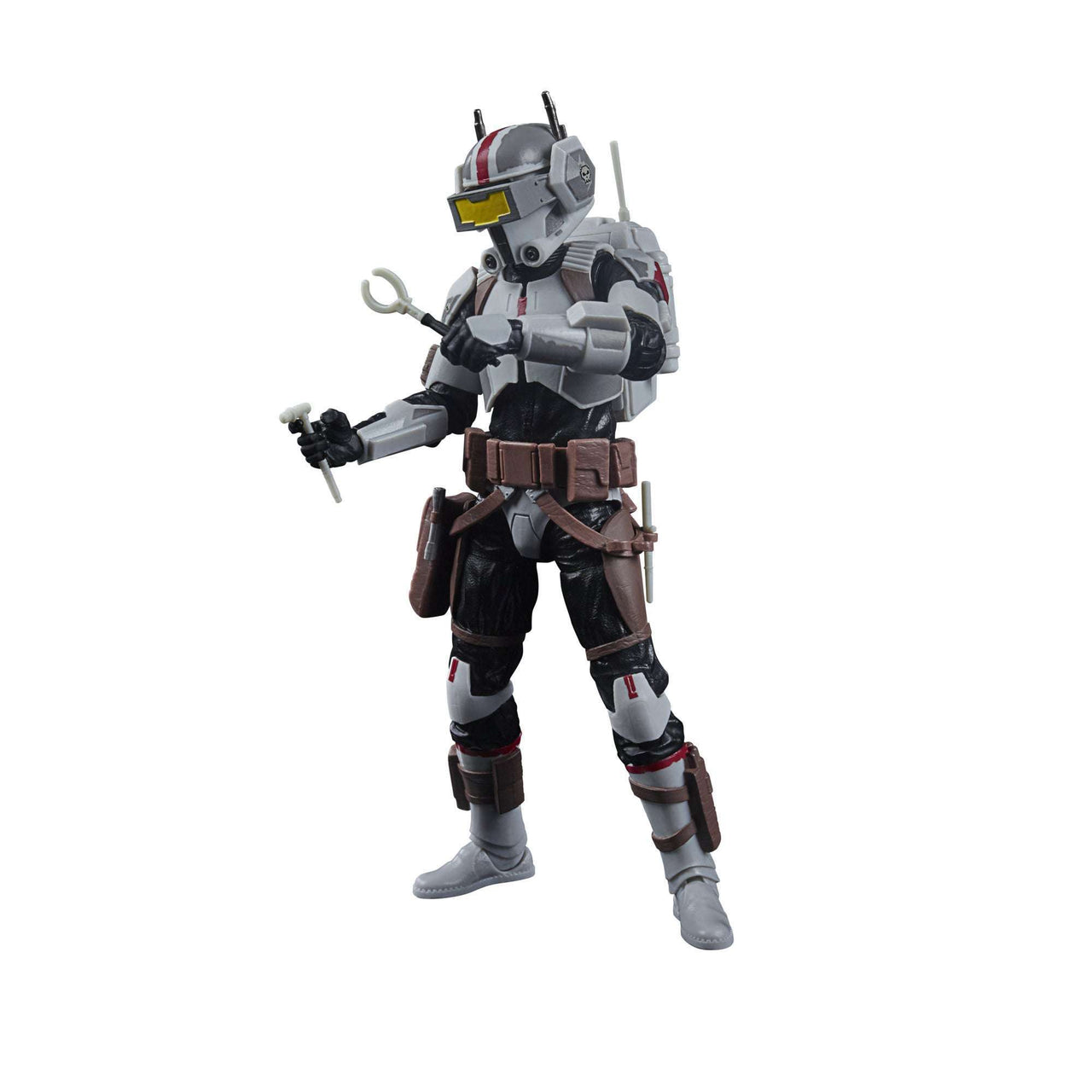 Hasbro Star Wars The Black Series Tech action figure in grey armor with a helmet, visor, and tool accessories.