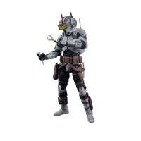 Hasbro Star Wars The Black Series Tech action figure in grey armor with a helmet, visor, and tool accessories.