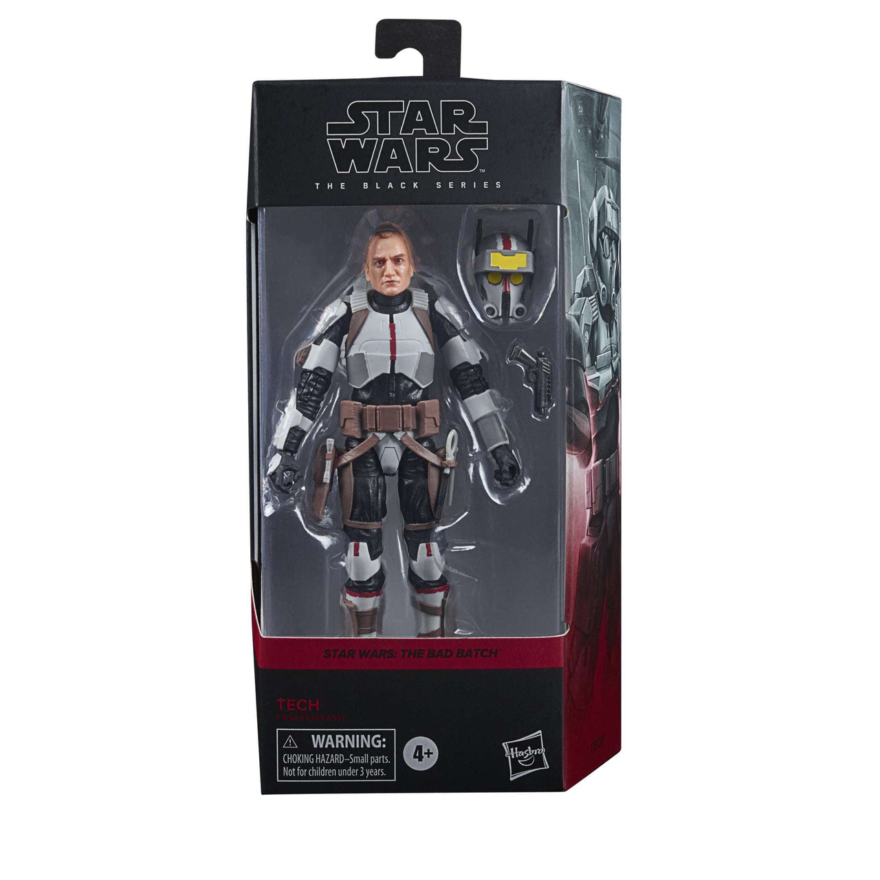 Hasbro Star Wars The Black Series Tech action figure in packaging with helmet and blaster accessories.