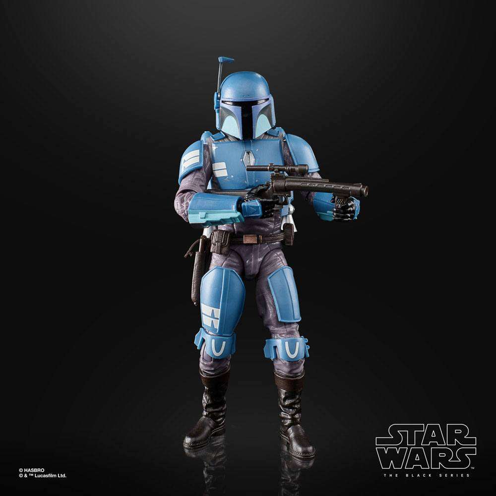 Hasbro Star Wars Black Series Death Watch Mandalorian action figure in blue armor holding a blaster rifle.