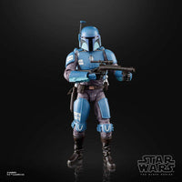 Hasbro Star Wars Black Series Death Watch Mandalorian action figure in blue armor holding a blaster rifle.